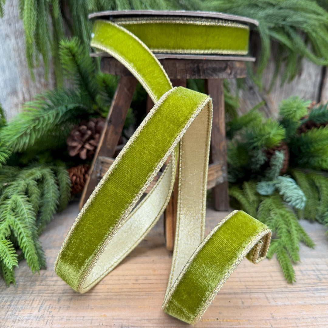 1" Moss Green Velvet Ribbon, Lime Green Velvet Ribbon, Wired Ribbon, Christmas Ribbon, Christmas Decor, 1 inch Velvet Ribbon