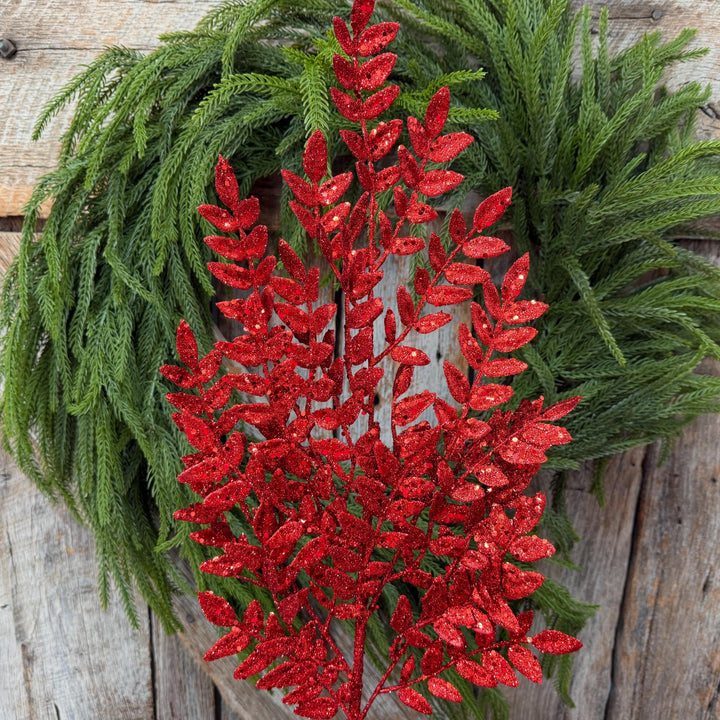 28" Red Glitter Fern Christmas Spray