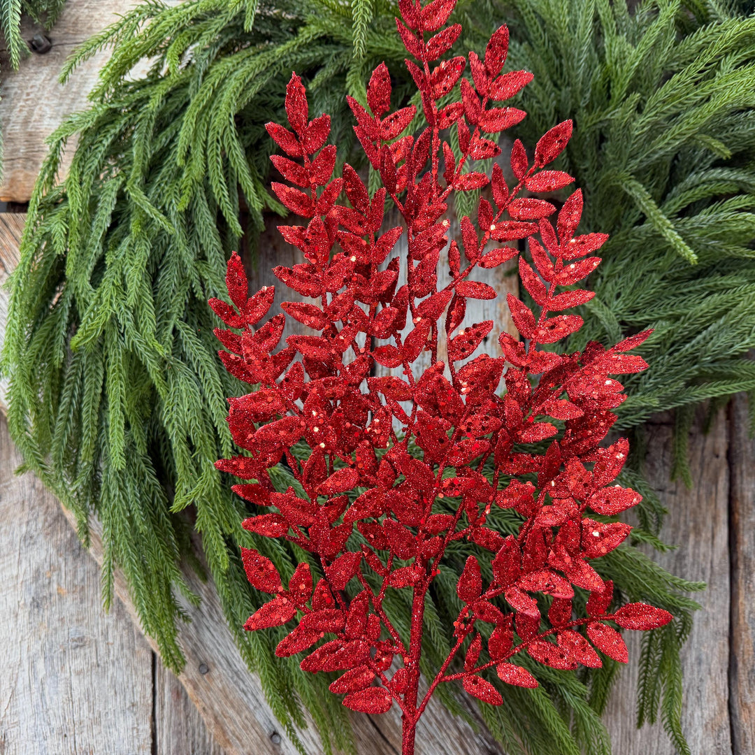 28" Red Glitter Fern Christmas Spray