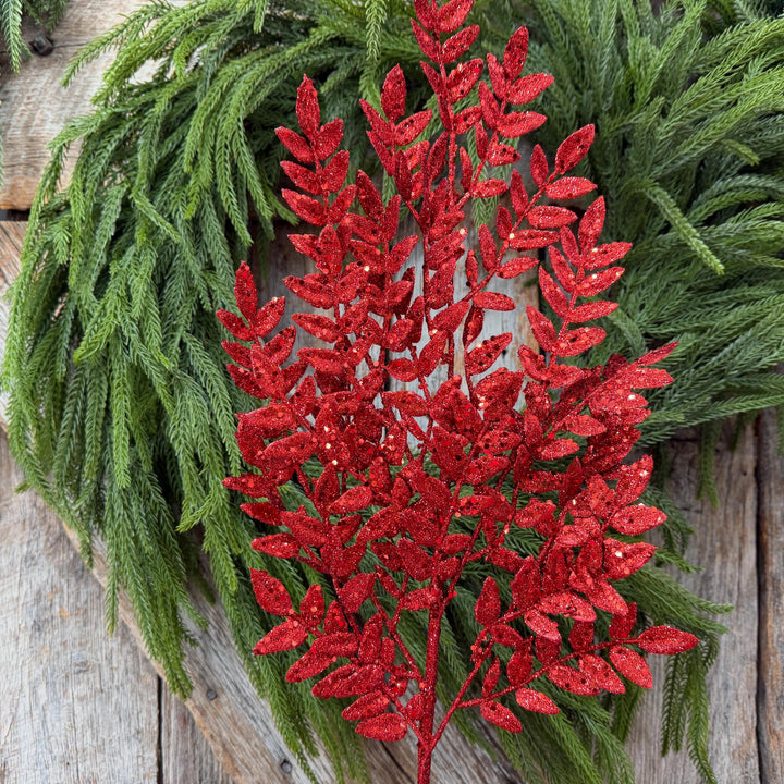 28" Red Glitter Fern Christmas Spray
