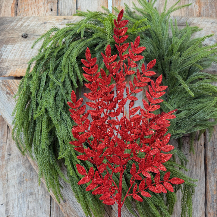 28" Red Glitter Fern Christmas Spray