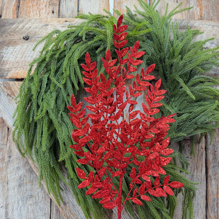 28" Red Glitter Fern Christmas Spray