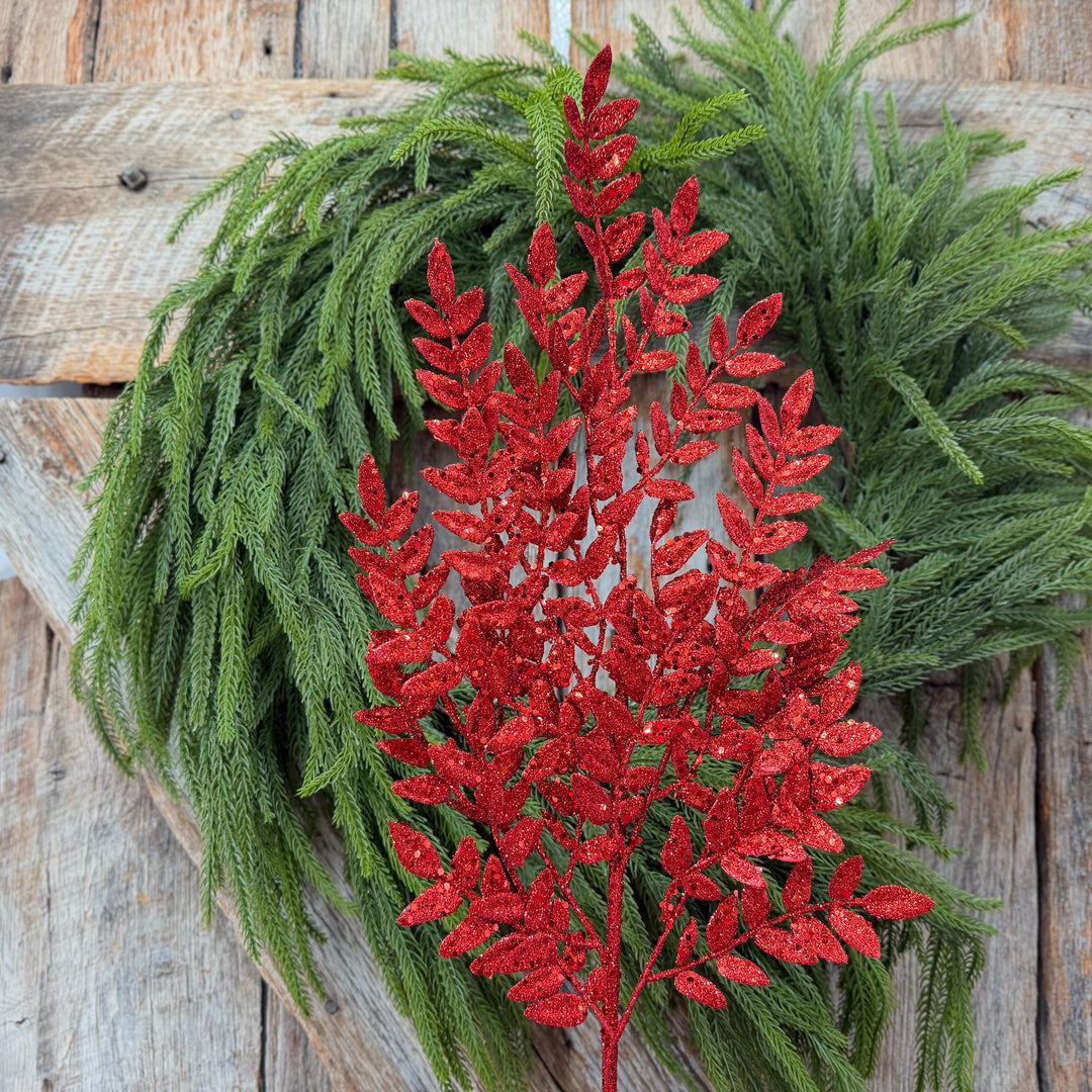 28" Red Glitter Fern Christmas Spray