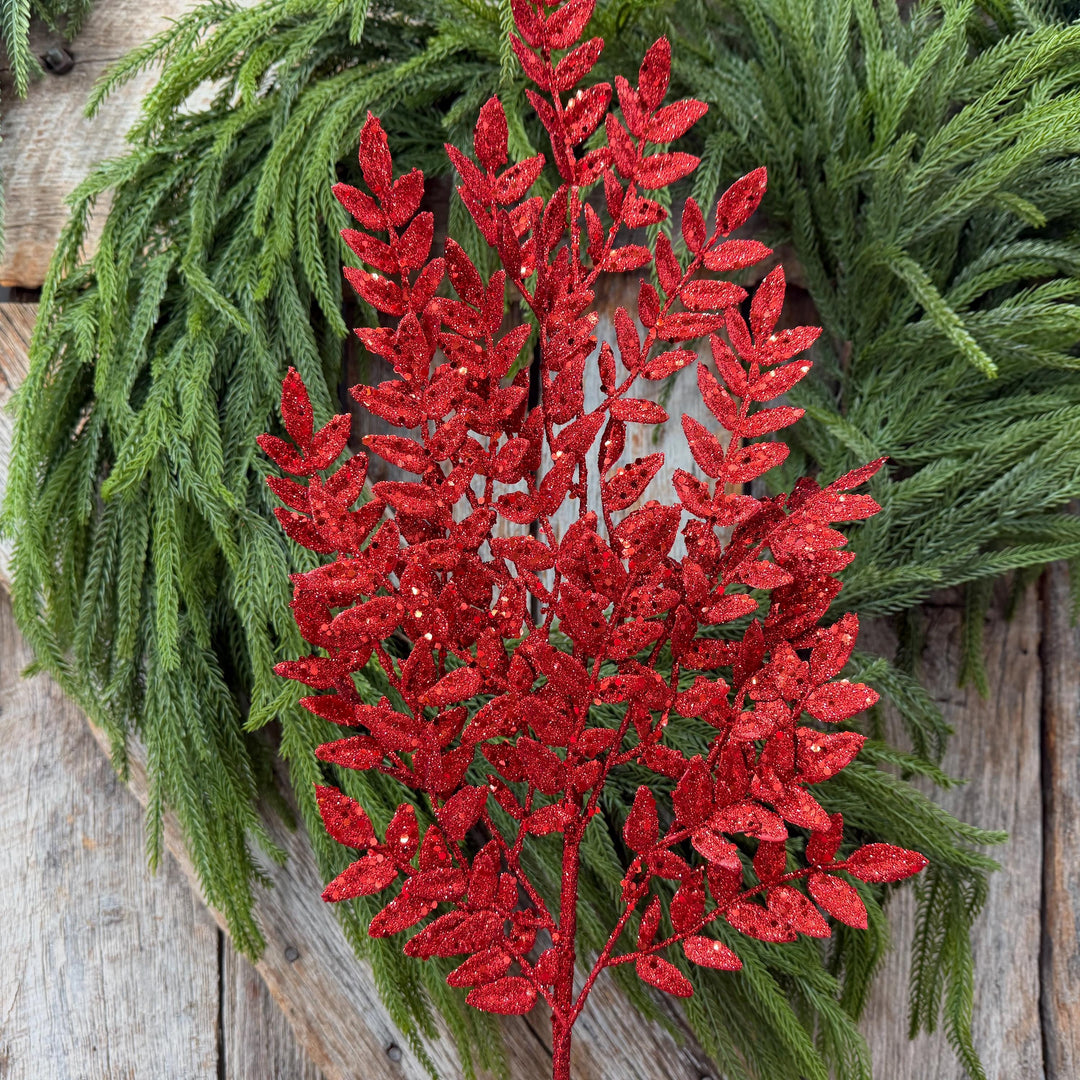 28" Red Glitter Fern Christmas Spray