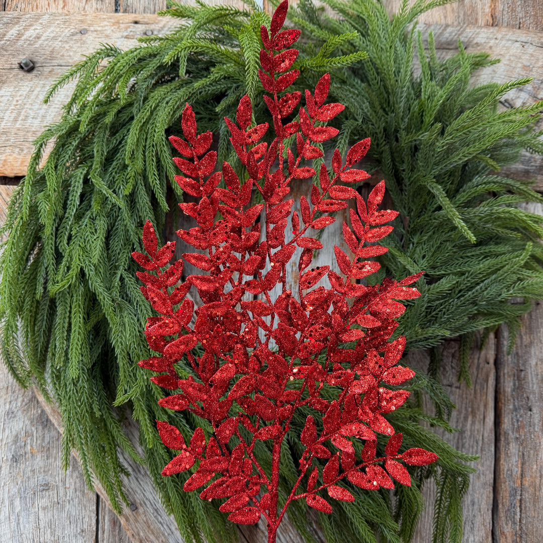 28" Red Glitter Fern Christmas Spray