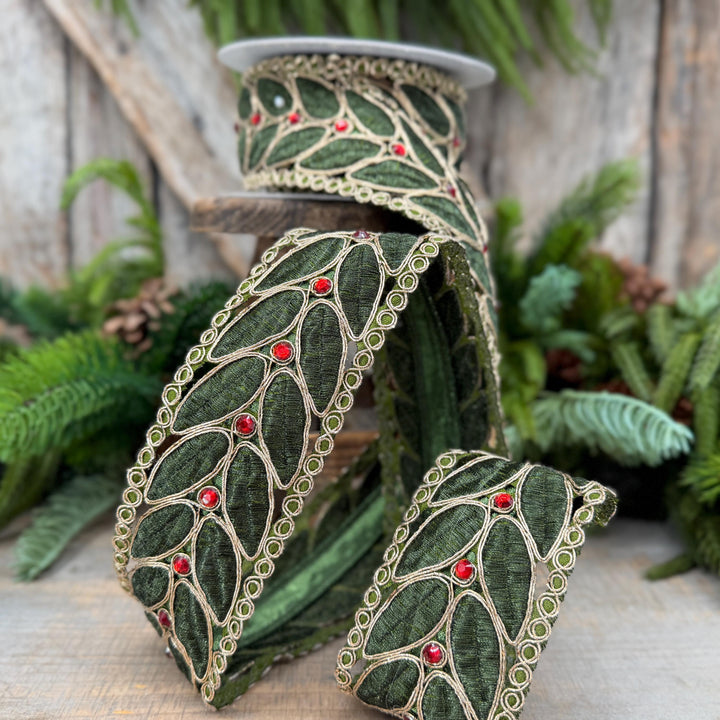 2.5" Olive Green Laurel Leaf Lace Ribbon, Gold Embroidered Christmas Ribbon with Red Jewels, 5 Yards
