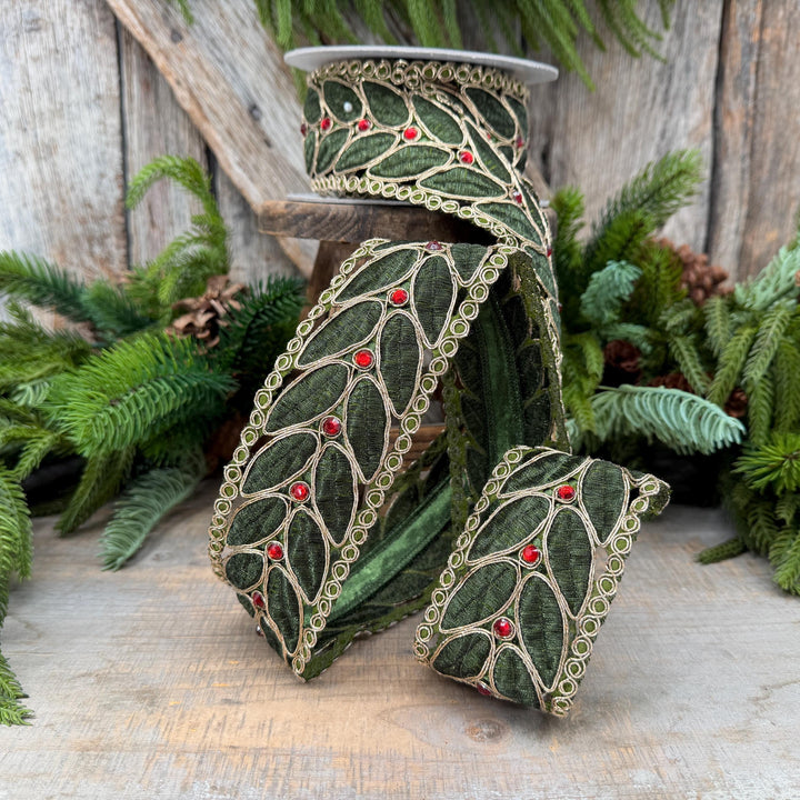 2.5" Olive Green Laurel Leaf Lace Ribbon, Gold Embroidered Christmas Ribbon with Red Jewels, 5 Yards