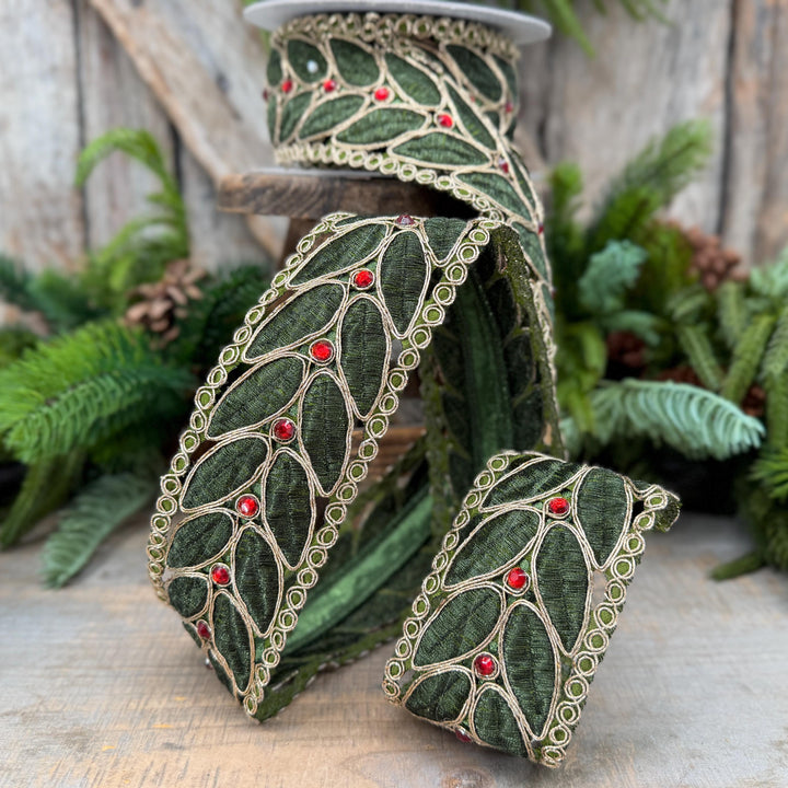 2.5" Olive Green Laurel Leaf Lace Ribbon, Gold Embroidered Christmas Ribbon with Red Jewels, 5 Yards
