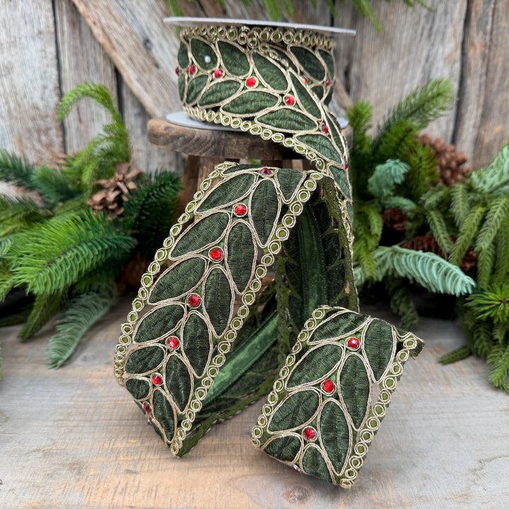 2.5" Olive Green Laurel Leaf Lace Ribbon, Gold Embroidered Christmas Ribbon with Red Jewels, 5 Yards