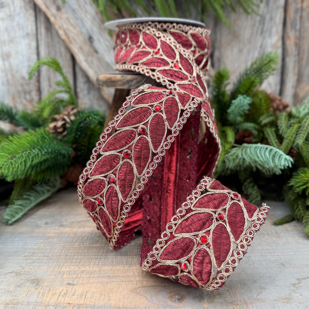 2.5" Burgundy Laurel Leaf Lace Ribbon, Gold Embroidered Christmas Ribbon with Red Jewels, 5 Yards