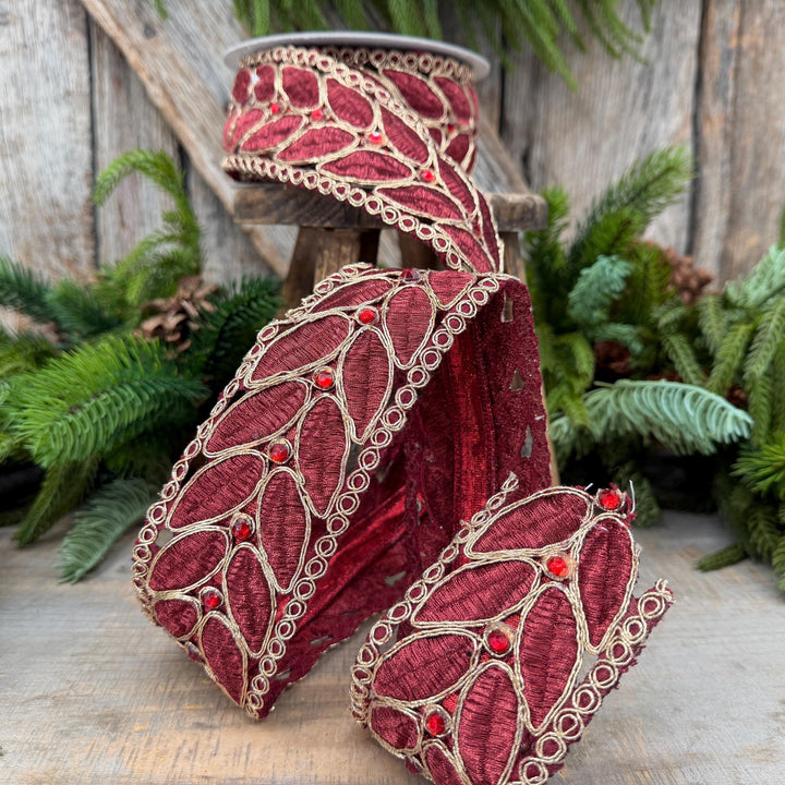 2.5" Burgundy Laurel Leaf Lace Ribbon, Gold Embroidered Christmas Ribbon with Red Jewels, 5 Yards