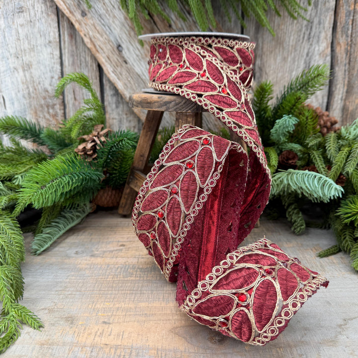 2.5" Burgundy Laurel Leaf Lace Ribbon, Gold Embroidered Christmas Ribbon with Red Jewels, 5 Yards