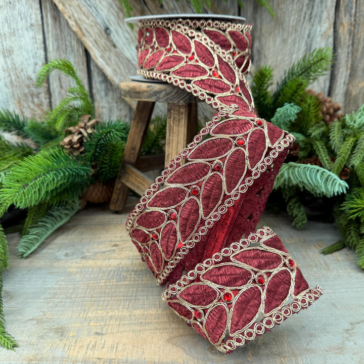 2.5" Burgundy Laurel Leaf Lace Ribbon, Gold Embroidered Christmas Ribbon with Red Jewels, 5 Yards