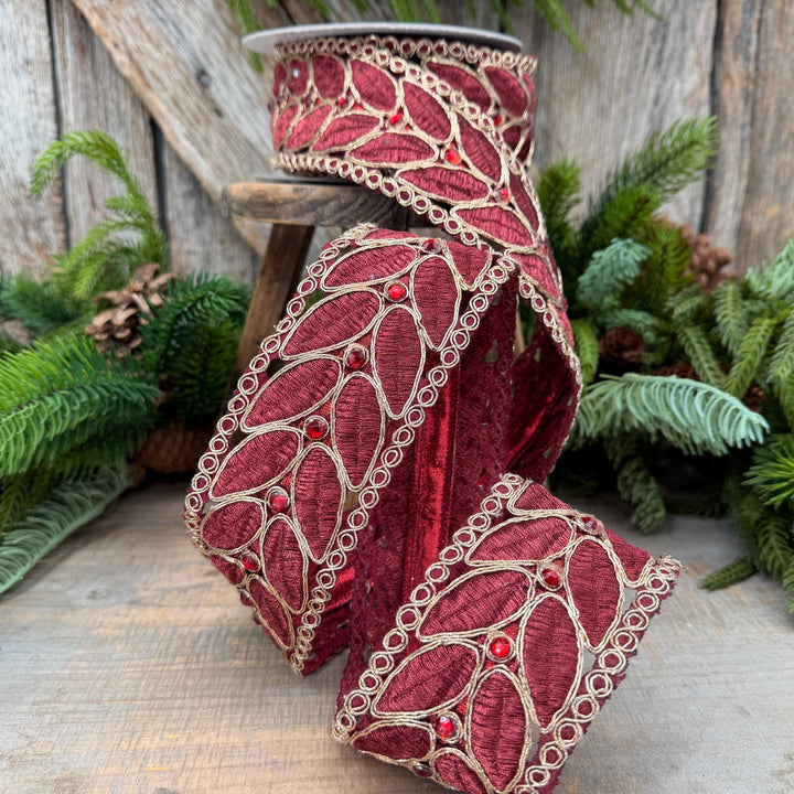 2.5" Burgundy Laurel Leaf Lace Ribbon, Gold Embroidered Christmas Ribbon with Red Jewels, 5 Yards