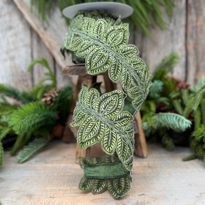4" Olive Green Masquerade Vine Ribbon, Embroidered Leaf Lace Trim, Botanical Christmas Ribbon, 5 Yards