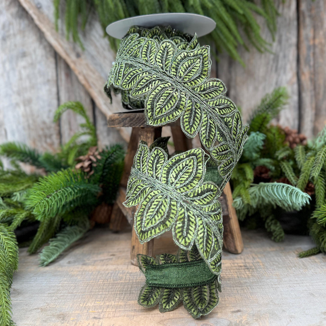 4" Olive Green Masquerade Vine Ribbon, Embroidered Leaf Lace Trim, Botanical Christmas Ribbon, 5 Yards