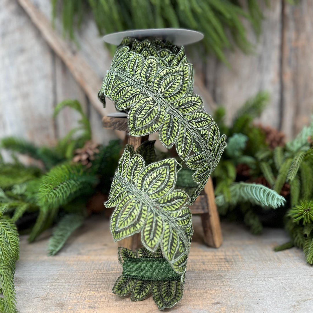 4" Olive Green Masquerade Vine Ribbon, Embroidered Leaf Lace Trim, Botanical Christmas Ribbon, 5 Yards