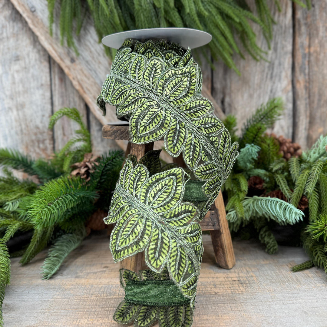 4" Olive Green Masquerade Vine Ribbon, Embroidered Leaf Lace Trim, Botanical Christmas Ribbon, 5 Yards