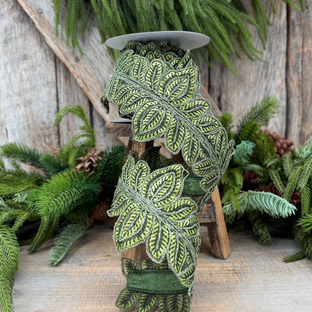 4" Olive Green Masquerade Vine Ribbon, Embroidered Leaf Lace Trim, Botanical Christmas Ribbon, 5 Yards