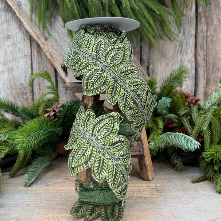 4" Olive Green Masquerade Vine Ribbon, Embroidered Leaf Lace Trim, Botanical Christmas Ribbon, 5 Yards