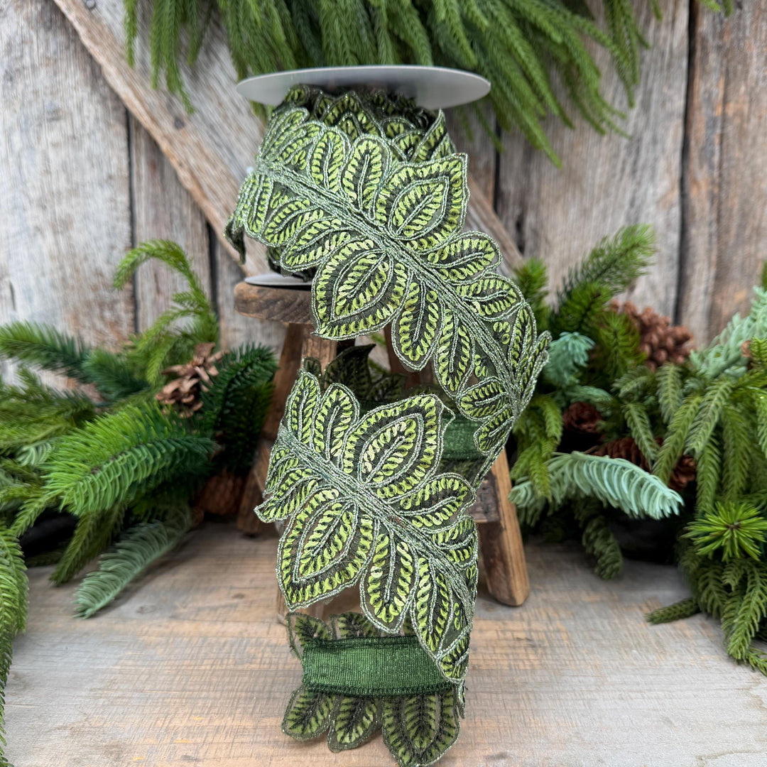 4" Olive Green Masquerade Vine Ribbon, Embroidered Leaf Lace Trim, Botanical Christmas Ribbon, 5 Yards