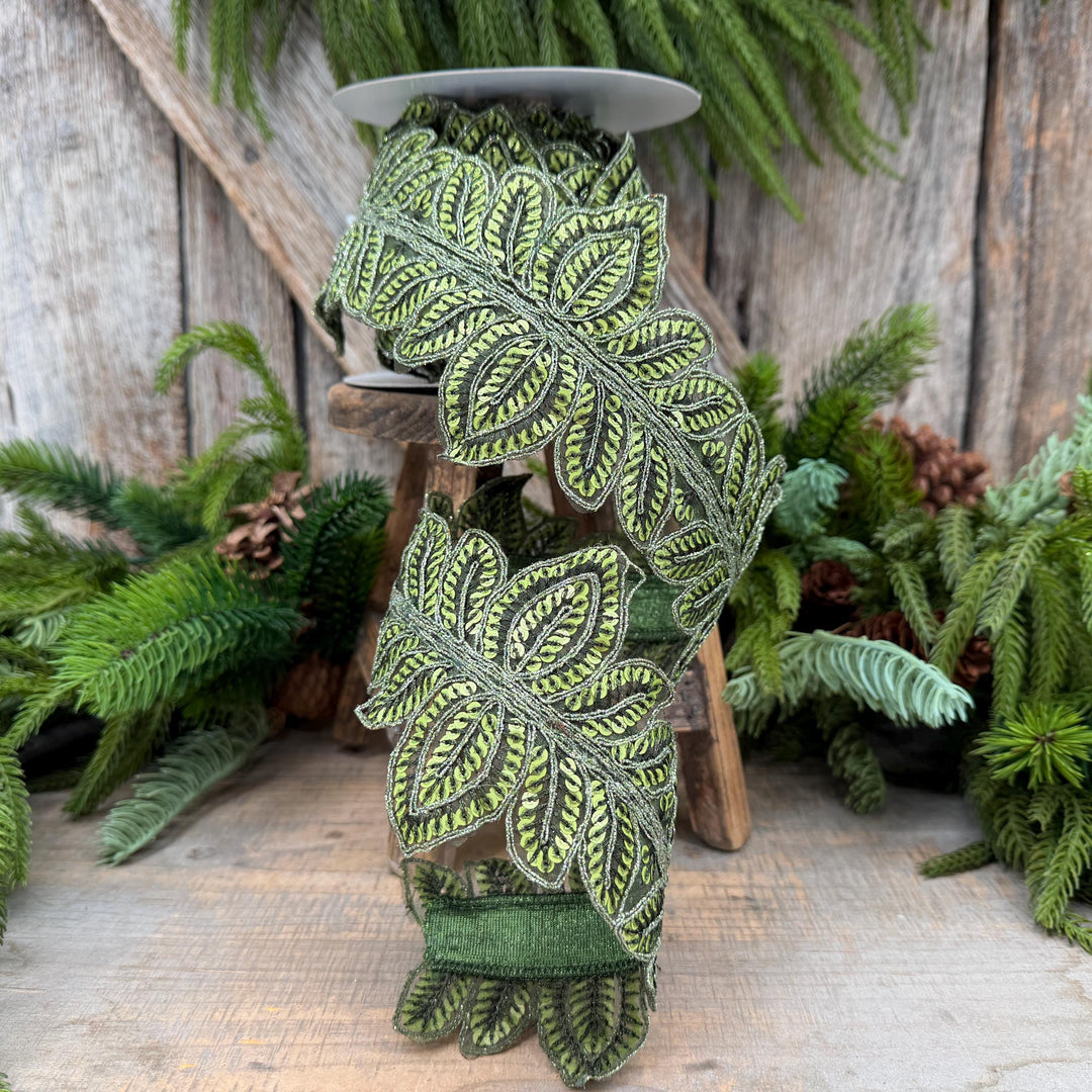 4" Olive Green Masquerade Vine Ribbon, Embroidered Leaf Lace Trim, Botanical Christmas Ribbon, 5 Yards