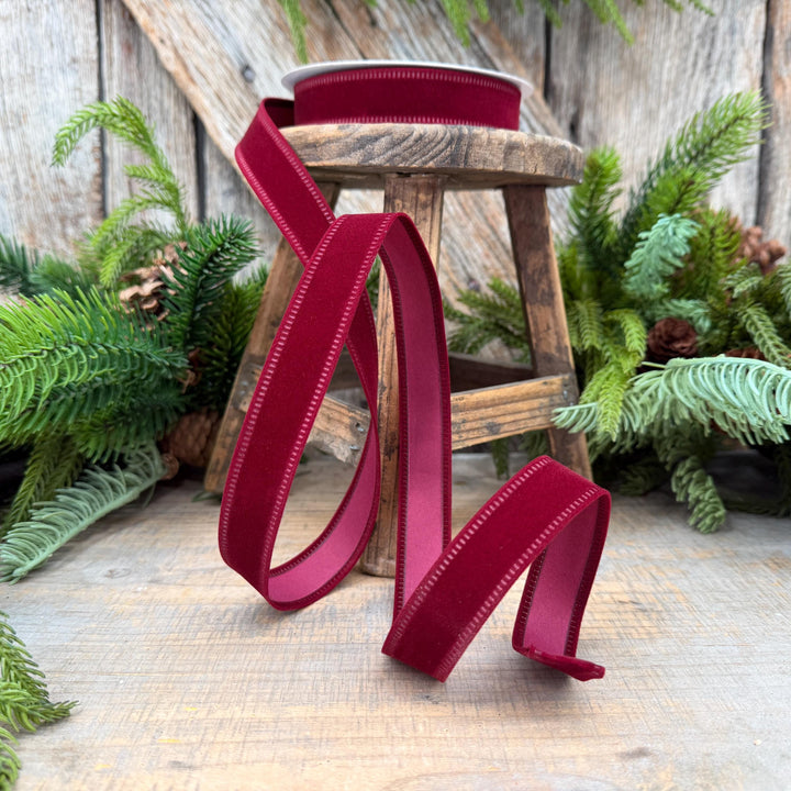 7/8" Burgundy Velvet Flocked Ribbon