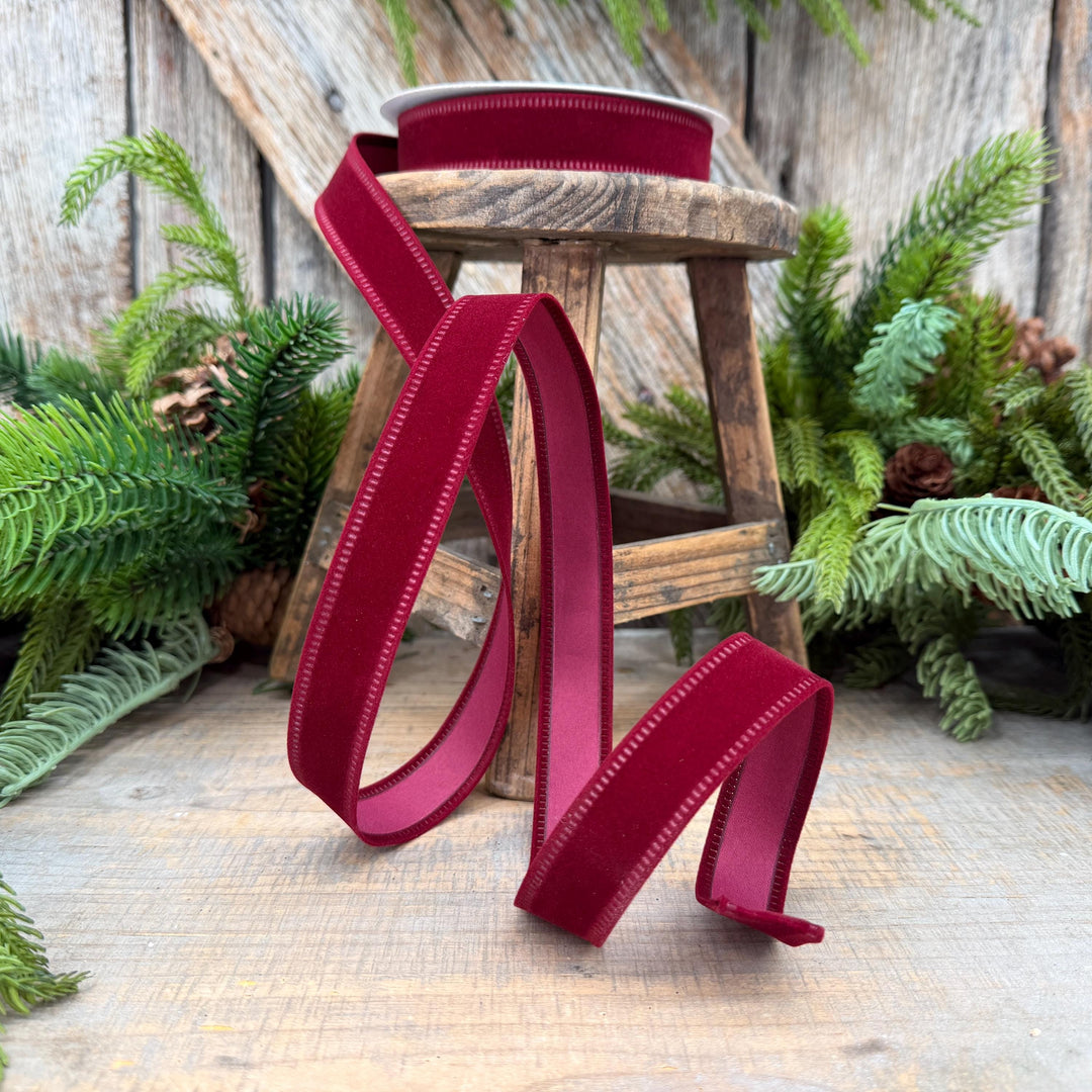 7/8" Burgundy Velvet Flocked Ribbon