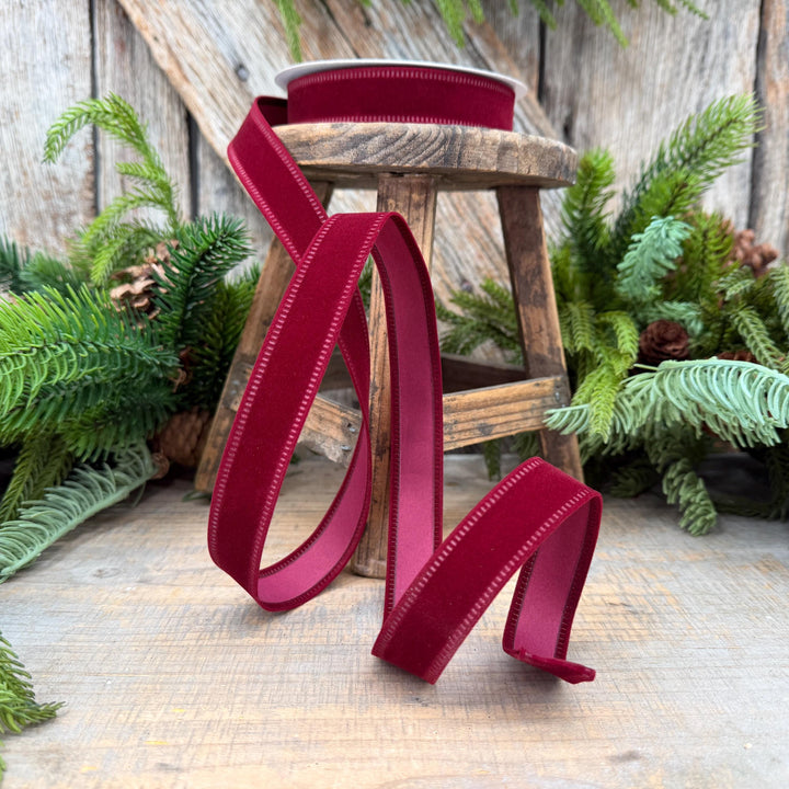 7/8" Burgundy Velvet Flocked Ribbon