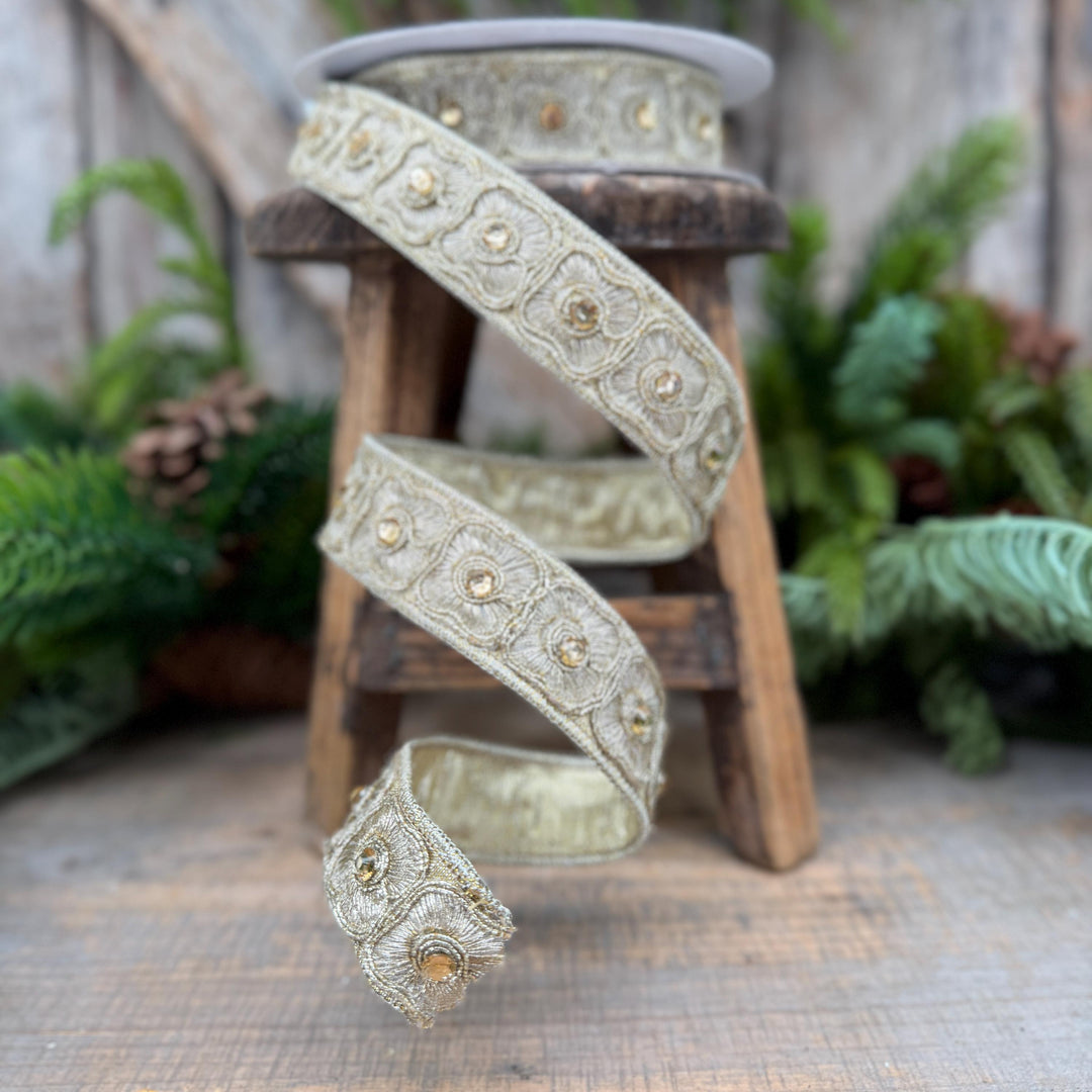 1" Gold Fleurish Embroidered Floral Ribbon, Gold Jeweled Farrisilk Ribbon