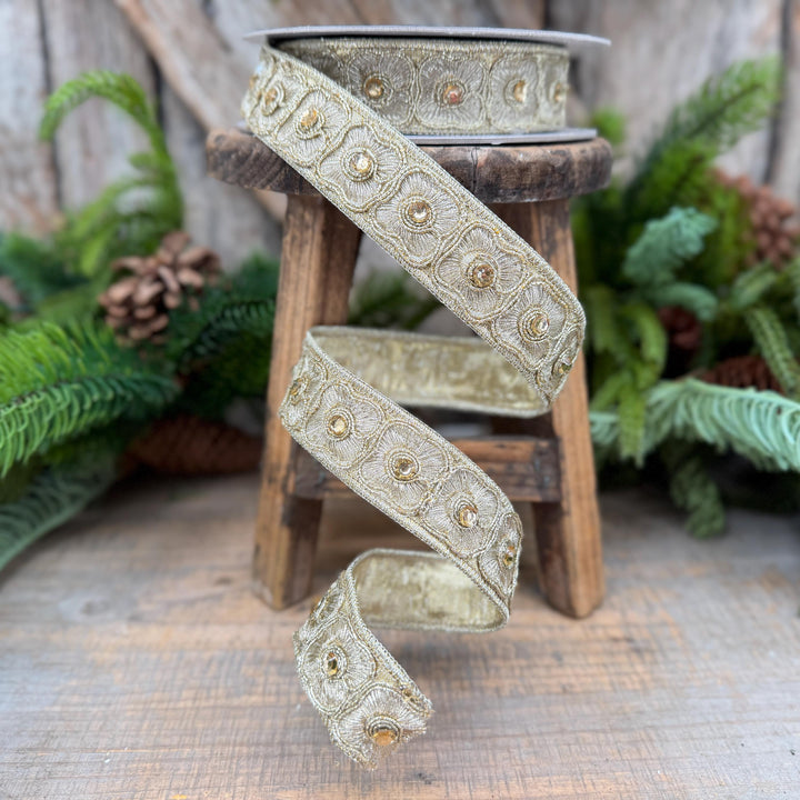 1" Gold Fleurish Embroidered Floral Ribbon, Gold Jeweled Farrisilk Ribbon