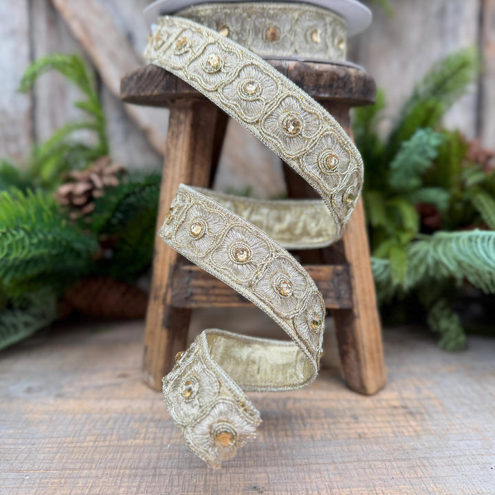 1" Gold Fleurish Embroidered Floral Ribbon, Gold Jeweled Farrisilk Ribbon
