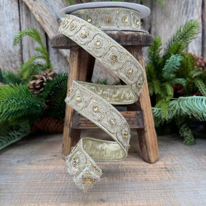 1" Gold Fleurish Embroidered Floral Ribbon, Gold Jeweled Farrisilk Ribbon