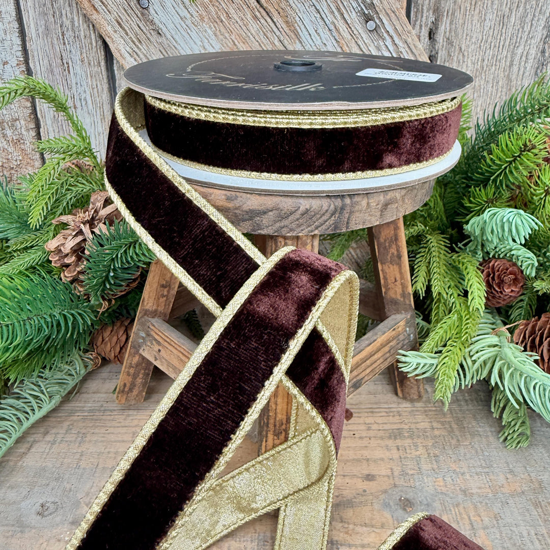 1" Chocolate Brown Velvet Ribbon, Farrisilk Flashy Velvet Ribbon