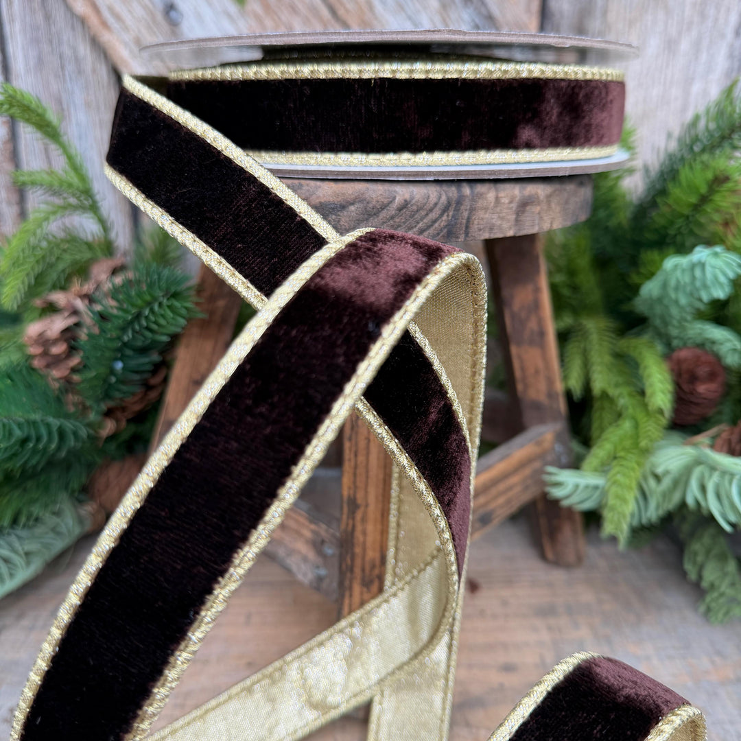1" Chocolate Brown Velvet Ribbon, Farrisilk Flashy Velvet Ribbon