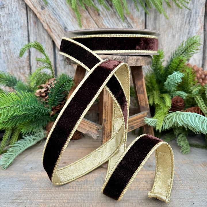 1" Chocolate Brown Velvet Ribbon, Farrisilk Flashy Velvet Ribbon