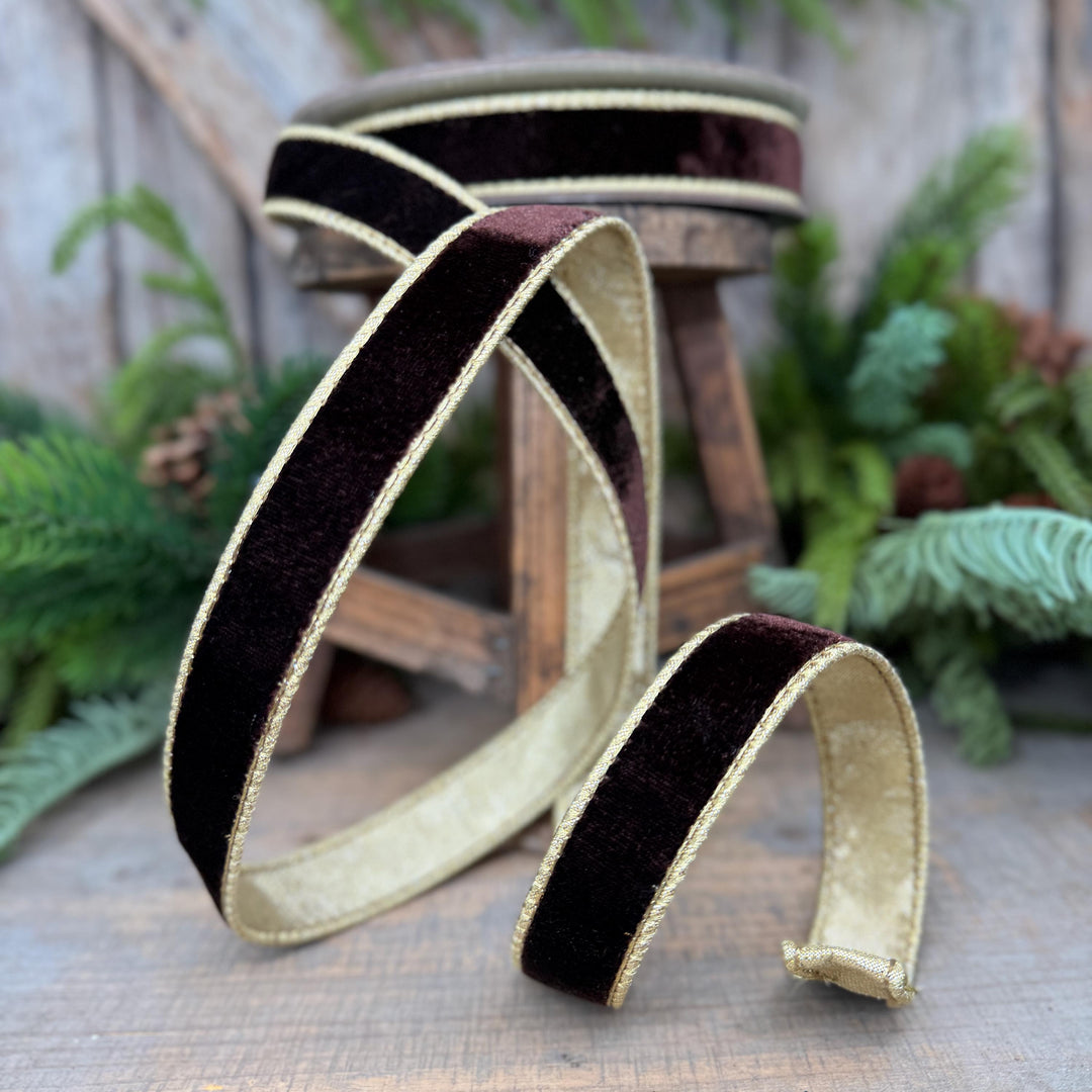 1" Chocolate Brown Velvet Ribbon, Farrisilk Flashy Velvet Ribbon