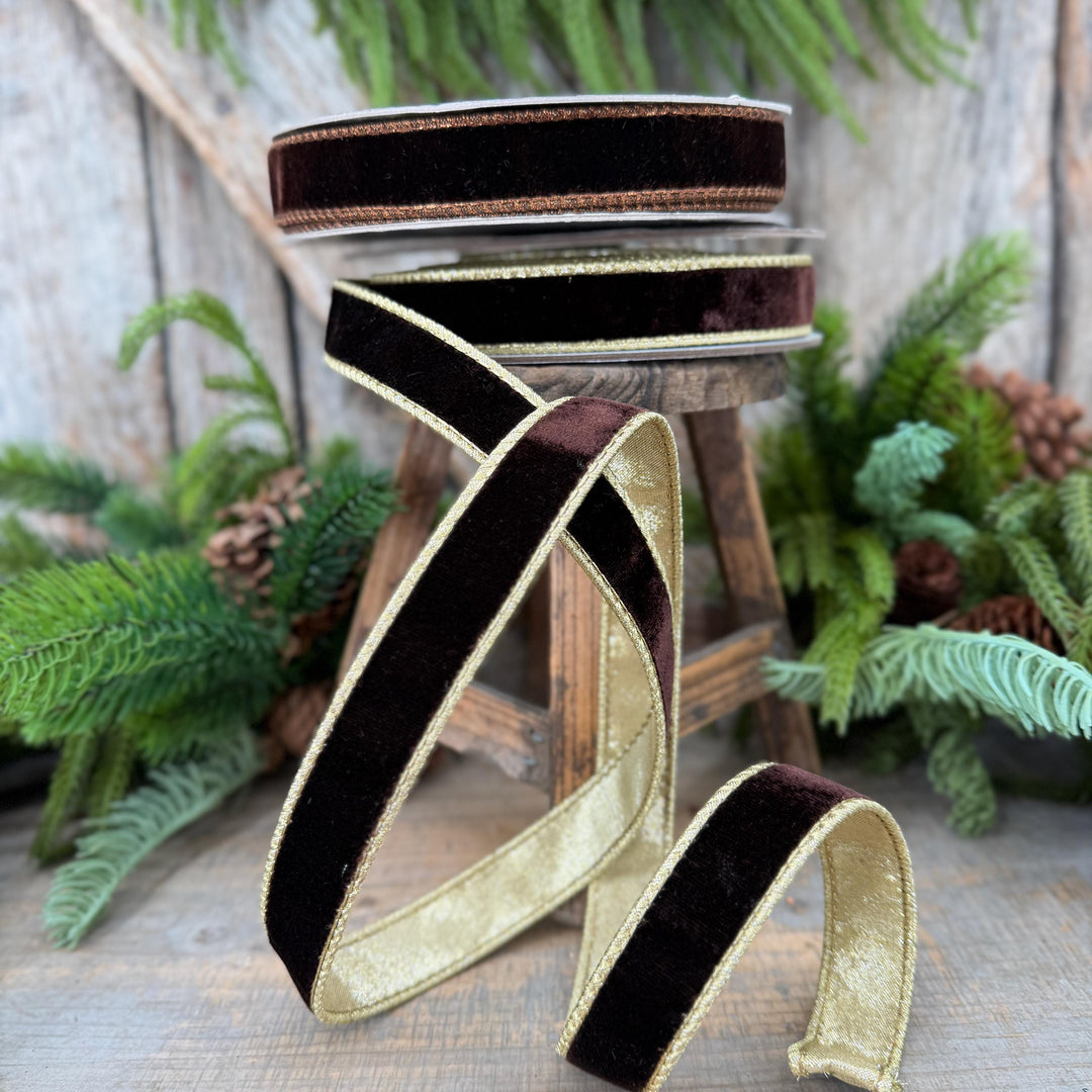 1" Chocolate Brown Velvet Ribbon, Farrisilk Flashy Velvet Ribbon