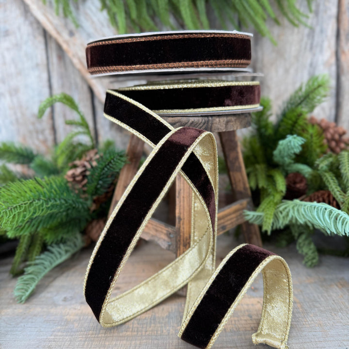 1" Chocolate Brown Velvet Ribbon, Farrisilk Flashy Velvet Ribbon