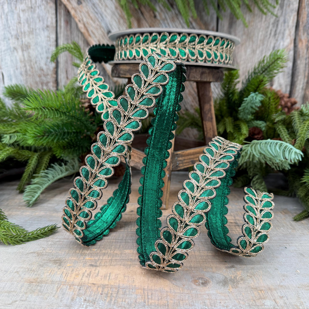 1" Emerald Green Ribbon, Green Gilded Garland Ribbon by Farrisilk