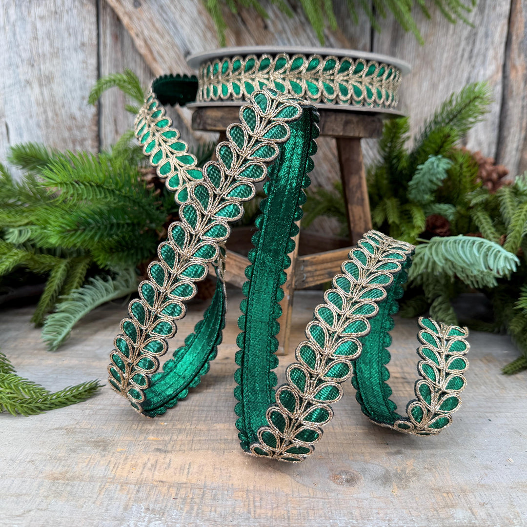 1" Emerald Green Ribbon, Green Gilded Garland Ribbon by Farrisilk