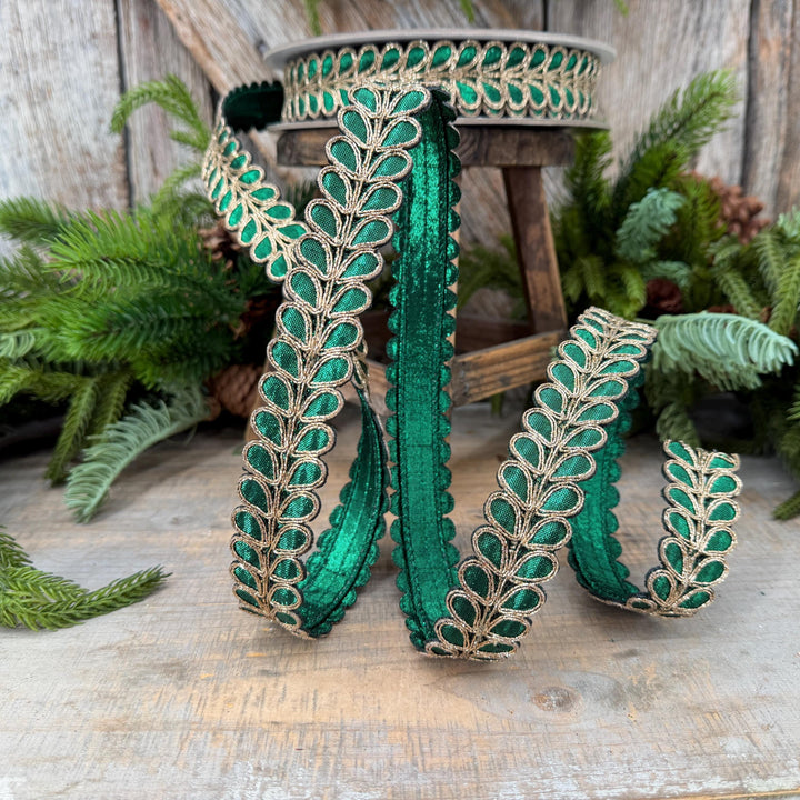 1" Emerald Green Ribbon, Green Gilded Garland Ribbon by Farrisilk