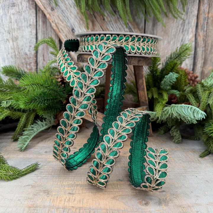 1" Emerald Green Ribbon, Green Gilded Garland Ribbon by Farrisilk