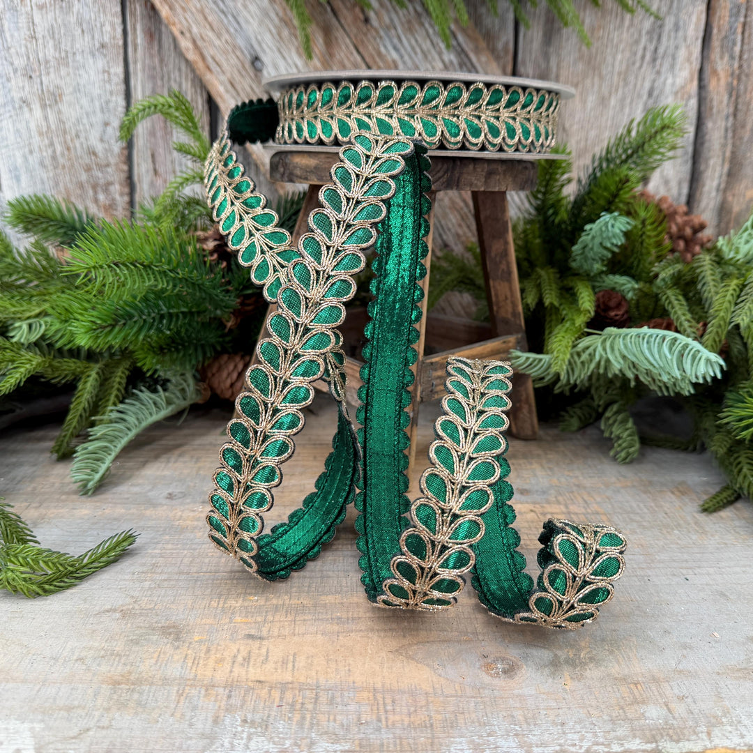 1" Emerald Green Ribbon, Green Gilded Garland Ribbon by Farrisilk