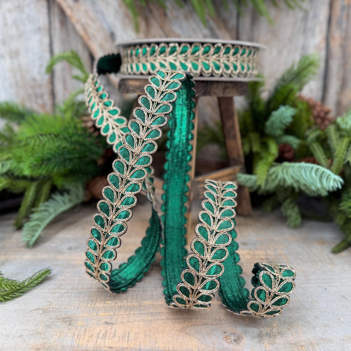 1" Emerald Green Ribbon, Green Gilded Garland Ribbon by Farrisilk