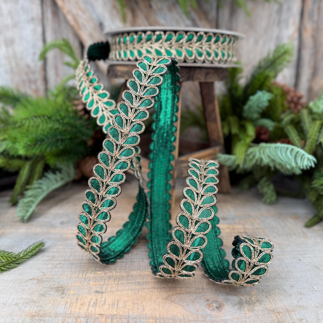 1" Emerald Green Ribbon, Green Gilded Garland Ribbon by Farrisilk