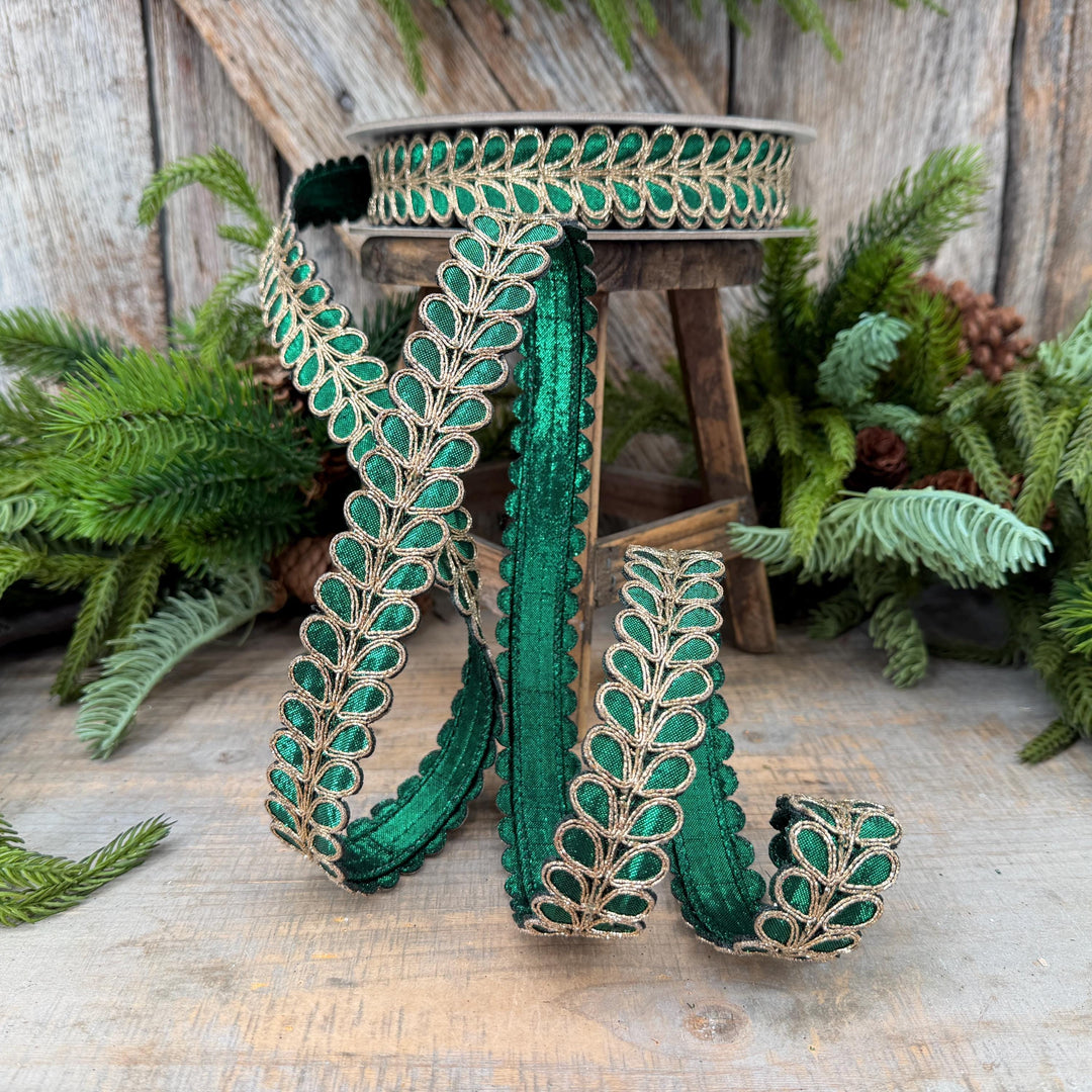 1" Emerald Green Ribbon, Green Gilded Garland Ribbon by Farrisilk