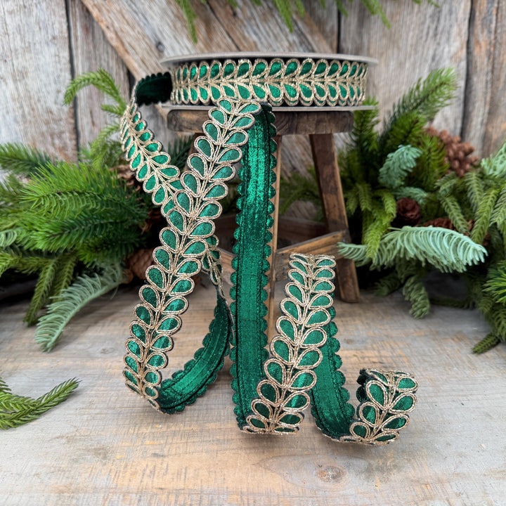 1" Emerald Green Ribbon, Green Gilded Garland Ribbon by Farrisilk