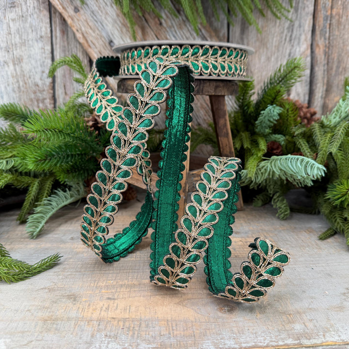 1" Emerald Green Ribbon, Green Gilded Garland Ribbon by Farrisilk