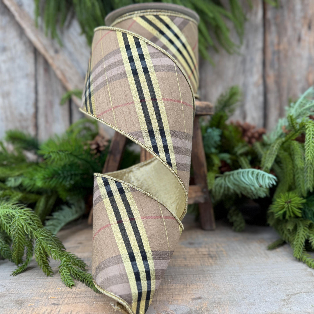 4” Brown Black holiday plaid, Christmas ribbon, 10 yards, metallic ribbon